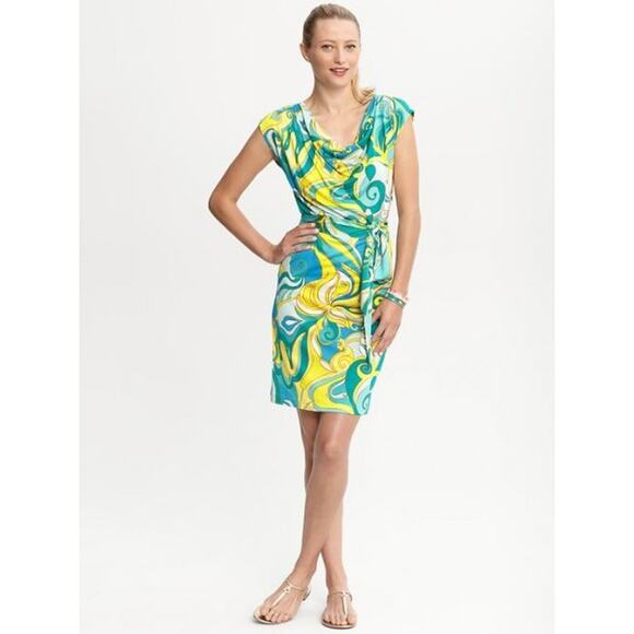 Banana Republic x Trina Turk Collection Silk Blend Dress Green Yellow Small - Picture 1 of 8